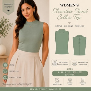 Women's Sleeveless Stand Collar Top Sewing Pattern PDF, Knit Top Pattern, Button Back Closure, Digital Sewing Pattern