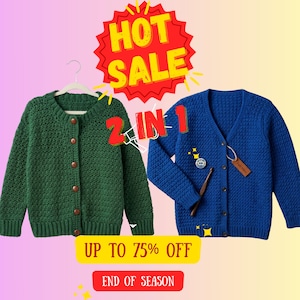Peut inclure: Un gilet en crochet vert avec des boutons marron sur un cintre et un gilet en crochet bleu avec des boutons marron, une étiquette marron et un crochet. Le texte indique HOT SALE, 2 IN 1, UP TO 75% OFF et END OF SEASON.