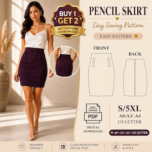 Peut inclure: Un patron de couture numérique pour une jupe crayon, présentant une jupe violet foncé avec un dos boutonné et des poches avant. L'image contient le texte : PENCIL SKIRT, Easy Sewing Pattern, BUY 1 GET 2, S/5XL, A0/A3/A4, US LETTER, PDF DIGITAL DOWNLOAD.