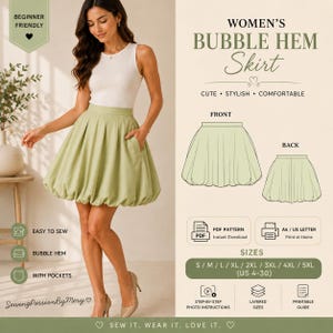 Peut inclure: Une jupe vert clair à ourlet bouffant avec poches latérales, présentée comme un patron de couture. L'image contient le texte : BEGINNER FRIENDLY, WOMEN'S BUBBLE HEM SKIRT, FRONT, BACK, PDF PATTERN, A4 / US LETTER, S / M / L / XL / 2XL / 3XL / 4XL / 5XL (US 4-30).
