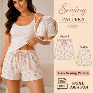 May include: A sewing pattern for shorts featuring a floral print. The image displays a white ribbed tank top and floral shorts with a drawstring waist, alongside technical line drawings showing front and back views labeled S/5XL A0/A3/A4.