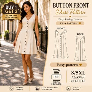 Peut inclure: Un patron de couture numérique pour une robe sans manches boutonnée sur le devant. L'image montre une robe beige avec un décolleté en V et une jupe plissée, ainsi que des dessins techniques de face et de dos, marqués S/5XL, A0/A3/A4 et US Letter.