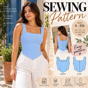 Molde de costura fácil para mulheres em PDF, blusa ajustada com decote quadrado, molde de corpete sem mangas, molde de costura fácil, molde para imprimir.
