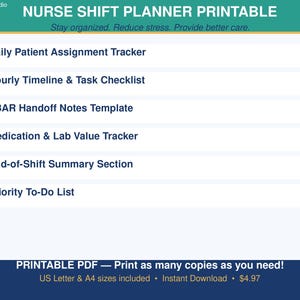 May include: A digital nurse shift planner printable featuring a teal header with the text Nurse Shift Planner Printable and the subtitle Stay organized. Reduce stress. Provide better care. It lists six sections with checkmarks: Daily Patient Assignment Tracker, Hourly Timeline & Task Checklist, SBAR Handoff Notes Template, Medication & Lab Value Tracker, End-of-Shift Summary Section, and Priority To-Do List.