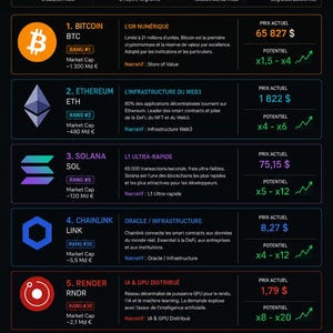 May include: An infographic titled 05 - LES 5 CRYPTOS ESSENTIELLES POUR DÉBUTER AVEC 500 EUROS, listing Bitcoin, Ethereum, Solana, Chainlink, and Render with their market data, current prices in dollars, and potential growth projections for June 16, 2026.