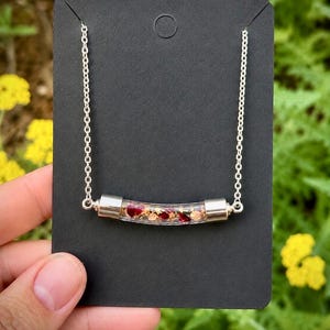 May include: A silver-toned necklace featuring a clear, curved cylindrical pendant filled with small red flower petals and gold flakes. The pendant is capped with silver-toned metal ends and hangs from a delicate silver-toned chain.