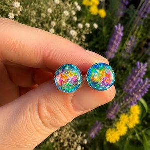 Mystic Fire Opal Holographic Stud Earrings, Rainbow Iridescent Color Shift Earrings, Sterling Silver Hypoallergenic Resin Studs