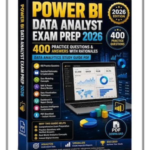 Peut inclure: Un livre bleu foncé intitulé Power BI Data Analyst Exam Prep 2026 Edition contenant 400 questions et réponses d'entraînement. La couverture montre un ordinateur portable avec des graphiques, des barres 3D colorées et un diagramme circulaire.
