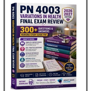 Könnte beinhalten: Ein PN 4003 Variations in Health Final Exam Review Studienführer für 2026-2027. Das Cover zeigt einen Stapel aus fünf farbigen Büchern, ein Stethoskop, ein Spiralnotizbuch und einen Stift. Der Text enthält 300+ Questions & Answers und Nursing Study Guide PDF.