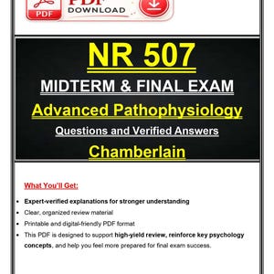May include: A digital document titled NR 507 Midterm & Final Exam Advanced Pathophysiology Questions and Verified Answers Chamberlain. The page includes a PDF download icon and a list of features including expert-verified explanations and printable format.