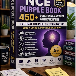 以下が含まれることがあります： NCE Purple Book 2026の学習ガイドは、電球のアイコンが入った人の頭のシルエットが描かれた紫色の表紙です。テキストには、450+ Questions & Answers with Rationales、National Counselor Examination、Grade A+ Guaranteedと記載されています。
