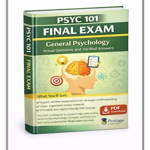 May include: A digital study guide titled PSYC 101 FINAL EXAM General Psychology with Actual Questions and Verified Answers. The cover features a brain illustration, a lightbulb, a clipboard, and a target icon on a green and white background.
