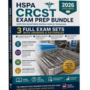 以下が含まれることがあります： 白と青のHSPA CRCST Exam Prep Bundle 2026のブックカバー。テキスト、医療シンボル、手術器具が入った金属製トレイの写真が掲載されています。カバーには、3つの完全な試験セット、練習問題、学習戦略に関する詳細が記載されています。