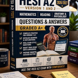 May include: A HESI A2 study guide book for 2026/2027 featuring sections on mathematics, reading, and anatomy and physiology. The cover displays a human anatomical illustration, a calculator, an open book, and a laptop with exam practice text.