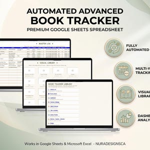 May include: Three laptops display an automated book tracker spreadsheet. Text reads: AUTOMATED ADVANCED BOOK TRACKER, PREMIUM GOOGLE SHEETS SPREADSHEET, FULLY AUTOMATED, MULTI-YEAR TRACKING, VISUAL LIBRARY, DASHBOARD ANALYTICS, and Works in Google Sheets & Microsoft Excel.