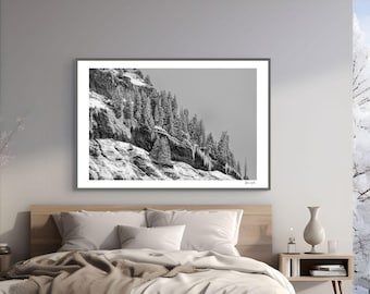 Snowy Pine Forest Print, Black and White Winter Photography, Frozen Alpine Trees Wall Art