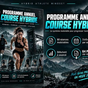 Pode incluir: Um guia de treino digital intitulado Programme Annuel Course Hybride com uma imagem central de um atleta a correr. A capa apresenta texto incluindo Hybrid Athlete Mindset, 60 séances modulables, 3 à 6 entraînements par semaine e 64 pages.
