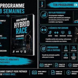 May include: A digital fitness guide titled Mon Premier Hybrid Race featuring an 8-week training plan. The layout includes icons for running, strength, and endurance, detailed workout schedules, and a list of 8 specific exercise stations.
