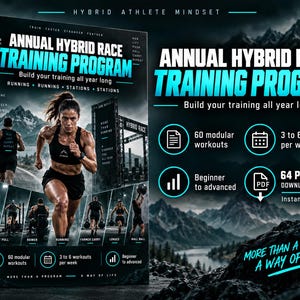 Peut inclure: Un guide de programme d'entraînement intitulé Annual Hybrid Race Training Program. La couverture montre un coureur et des icônes d'exercices. Il contient 60 séances modulaires, 3 à 6 séances par semaine et un PDF téléchargeable de 64 pages.