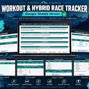May include: A digital workout and hybrid race tracker for Google Sheets by Pyrénées Athletics. The interface displays multiple dashboard views including race simulation, custom training, goals, station analysis, and records with dark teal accents.