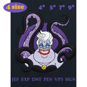 May include: An embroidery design featuring a purple-skinned character with white hair, red lips, and black tentacles against a purple circle. Text includes 4 size, 4 inch, 5 inch, 7 inch, 9 inch, and file formats JEF, EXP, DST, PES, VP3, HUS.