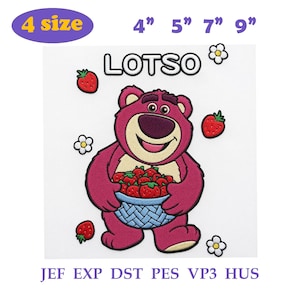 Puede incluir: Un diseño de bordado que muestra un oso rosa llamado LOTSO, sosteniendo una cesta azul claro llena de fresas rojas. El diseño incluye pequeñas flores blancas y fresas, con texto que indica 4 tamaños: 4", 5", 7", 9" y formatos JEF, EXP, DST, PES, VP3, HUS.