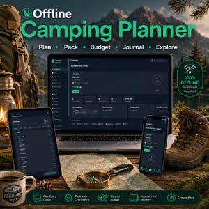 May include: An Offline Camping Planner digital interface displayed on a laptop, tablet, and smartphone. The screen shows a dashboard with text including Plan, Pack, Budget, Journal, Explore, and 100% OFFLINE No Internet Required. The layout features dark mode.