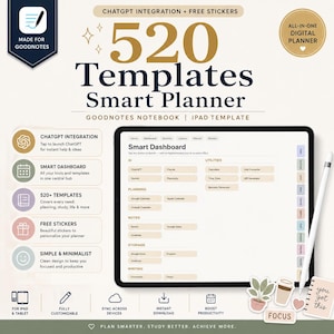 May include: A digital planner template for GoodNotes on an iPad, featuring 520 templates, a smart dashboard with ChatGPT integration, and utility buttons. The interface includes sections for AI, planning, notes, storage, and writing, with a stylus.