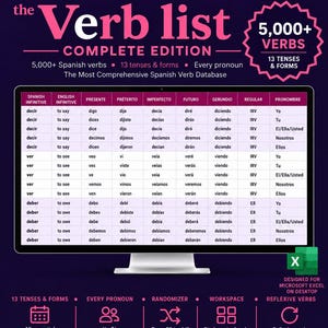 Spanish Verb Conjugation Spreadsheet | 5,000+ Verbs, 13 Tenses, No Subscription | Homeschool Excel Digital Download
