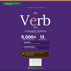 Pode incluir: Um download digital para Microsoft Excel desktop intitulado Spanish Verb Database, The Verb list Complete Edition. Inclui mais de 5.000 verbos conjugados, 13 tempos e modos, um randomizador e uma área de trabalho para conjuntos de 4 verbos.