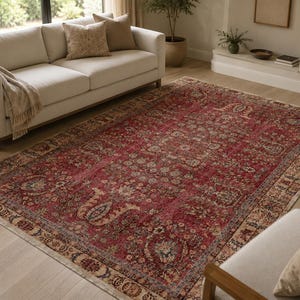 May include: A large rectangular area rug featuring a deep red central field with intricate floral and paisley patterns in shades of blue, cream, and tan. The rug has a wide, detailed border with repeating motifs and a fringe along the edges.