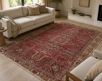 Tappeto persiano vintage lavabile, tappeto rosso effetto invecchiato, tappeto floreale orientale