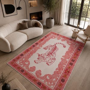 Alfombra lavable con diseño de tigre rosa, alfombra maximalista, alfombra vintage con diseño de animales, decoración ecléctica para el hogar, alfombra lavable a máquina, alfombra bohemia para sala de estar.