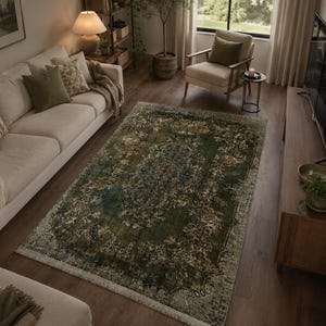 May include: A rectangular area rug featuring a distressed, vintage-inspired pattern in deep forest green, muted olive, and cream tones. The rug has a central medallion design, intricate floral borders, and short, light-colored fringe on both ends.