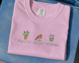 Plants Birds Coffee Shirt, Cute Minimalist Comfort Colors Tee, Bird Lover Gift, Cottagecore T-Shirt for Nature and Coffee Lovers
