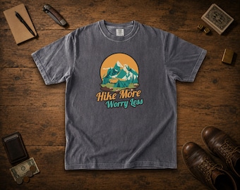 Hike More Worry Less Shirt, Retro Mountain Camping Comfort Colors Tee, Hiking T-Shirt Gift