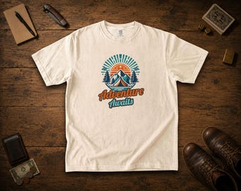 Adventure Awaits Shirt, Retro Mountain Camping Comfort Colors Tee, Vintage Hiking T-Shirt Gift
