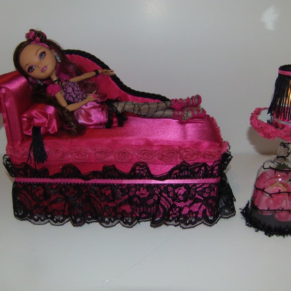 Furniture for Ever After High Dolls Handmade Chaise Lounge Bed for Briar Beauty with Mirrored Rose Table and  Working Lamp!