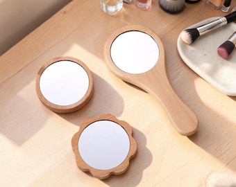 Wooden Hand Mirror, Vintage Handheld Makeup Mirror, Portable Compact Vanity Mirror, Round Cosmetic Mirror, Travel Beauty Gift for Women