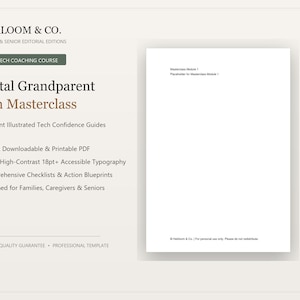 Könnte beinhalten: Ein digitales Dokument mit dem Titel Heirloom & Co. Digital Grandparent Tech Masterclass, das illustrierte Tech-Confidence-Guides in großer Schrift, Checklisten und Aktionspläne enthält. Die Seite enthält Text über einen Tech-Coaching-Kurs.