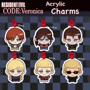May include: A collection of six Resident Evil CODE: Veronica acrylic charms featuring chibi-style illustrations of Steve, Claire, Chris, Alexia, Alfred, and Wesker. Each character charm includes a red plastic clasp for attachment and displays their name.