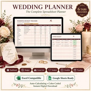 May include: A digital wedding planner spreadsheet displayed on a computer monitor and tablet, featuring a budget tracker and vendor list. The interface includes six tabs: Dashboard, Budget, Guest List, Vendors, Checklist, and Timeline. It is Excel and Google Sheets compatible.
