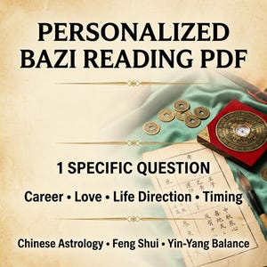 Puede incluir: Un documento digital titulado PERSONALIZED BAZI READING PDF con el texto 1 SPECIFIC QUESTION, Career, Love, Life Direction, Timing, Chinese Astrology, Feng Shui y Yin-Yang Balance, junto a una brújula, monedas y papel.