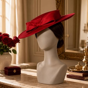 Sombrero Derby rojo de ala ancha para mujer, elegante fedora con lazo, sombrero para invitada a fiesta de té de boda Royal Ascot, Kentucky Derby