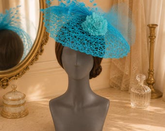 Turquoise Blue Fascinator Hat for Women, Flower Mesh Wide Brim Headpiece, Kentucky Derby Wedding Guest Hat