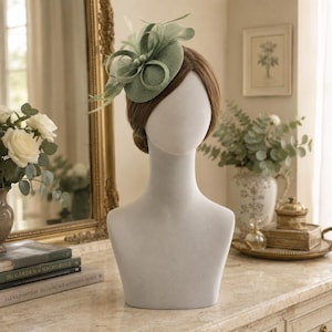 Sage Green Fascinator Hat for Women, Teardrop Loop & Feather Headpiece, Kentucky Derby Wedding Guest Hat