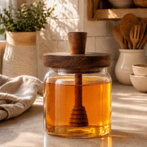 Peut inclure: Un pot à miel en verre transparent avec un couvercle en bois brun foncé et une cuillère à miel en bois assortie fixée au centre du couvercle. Le pot est rempli de miel ambré doré et la cuillère plonge dans le contenu liquide.