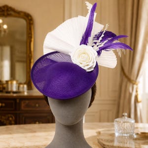 Purple Fascinator Hat for Women, White Rose Feather Fan Headpiece, Royal Ascot Wedding Guest Kentucky Derby Hat