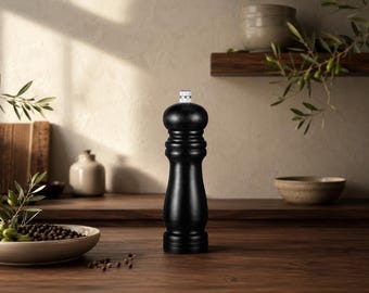 Black Wood Pepper Grinder, Manual Salt and Pepper Mill with Ceramic Core & Adjustable Coarseness, Refillable Spice Grinder Kitchen Gift