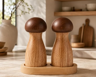 Mushroom Salt and Pepper Grinder Set, Cute Wood Spice Mill with Tray, Unique Kitchen Decor, Rustic Farmhouse Table Accessory, Cooking Gift